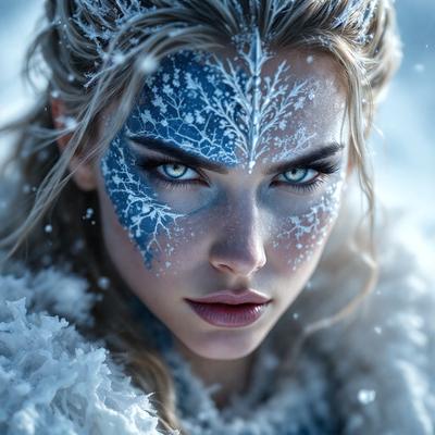 The primary subject of the image is a woman with blue eyes, wearing a white and blue dress. She is surrounded by snow, which creates a wintry atmosphere. The visual style of the image is a digital art, with the woman's face and the snowy background being the main focus. The colors and mood of the image are predominantly white and blue, giving it a cold and serene appearance.